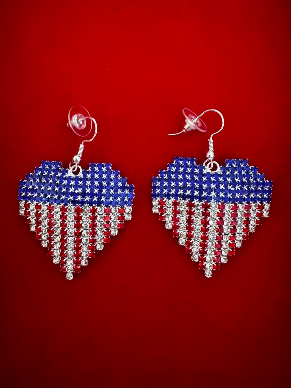 American flag heart dangle earrings rhinestones beautiful patriotic 4th of July